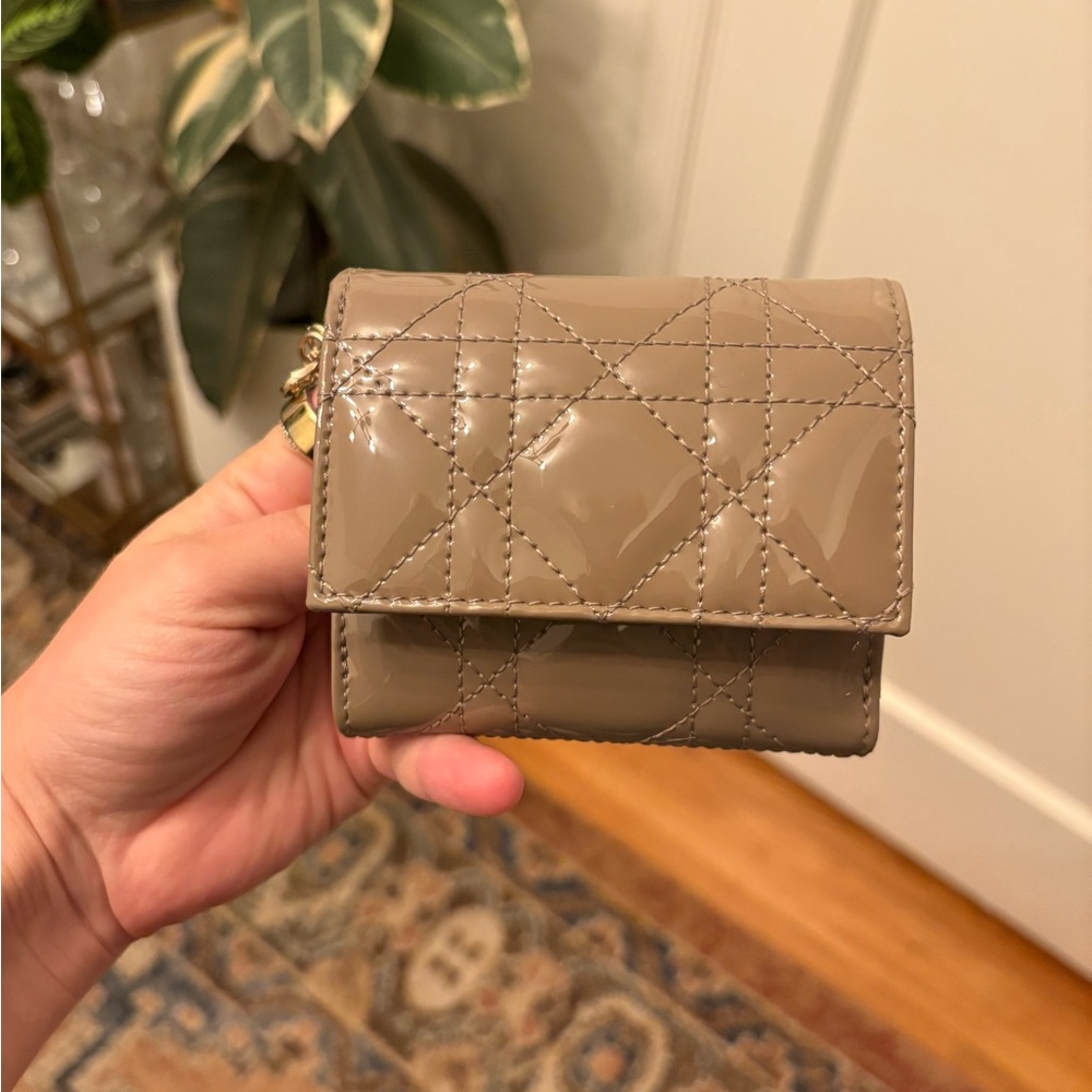 New Christian Dior Lotus Wallet, Taupe Patent